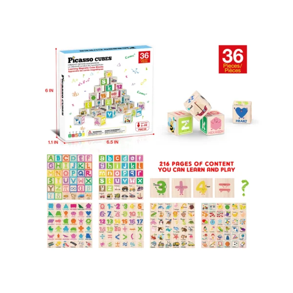 PICASSO TILES Cubes - ALFABETO & NÚMEROS Cubos de Construcción Magnéticos + 36pzas - Imagen 3