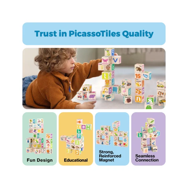 PICASSO TILES Cubes - ALFABETO & NÚMEROS Cubos de Construcción Magnéticos + 36pzas - Imagen 5