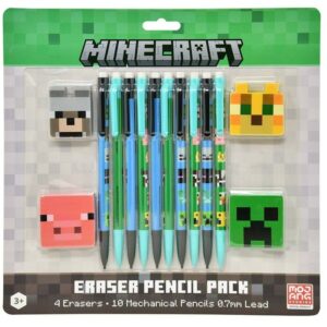 MINECRAFT Escolar - Set de 10 Lápices de Minas + 4 Borradores de Personajes