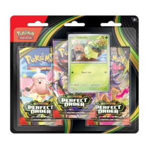POKÉMON TCG Mega Evolution 3 - PERFECT ORDER Booster Blister Master Case + 3 pack & 1 Carta Exclusiva Chikorita en Inglés